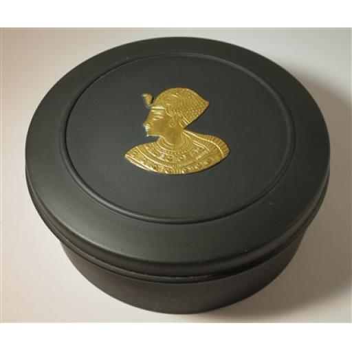 Vintage Wedgwood Black Jasperware with Gold Egyptian Emblem round trinket box