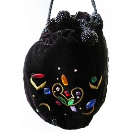 Vintage black velvet drawstring evening bag with beading, gold stitching and diamante