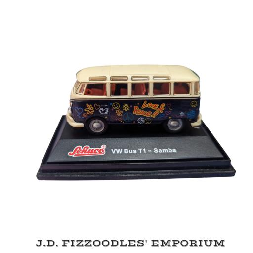Schuco Junior Line VW Bus T1 Samba 1:72 Navy and Cream with Love & Peace decal